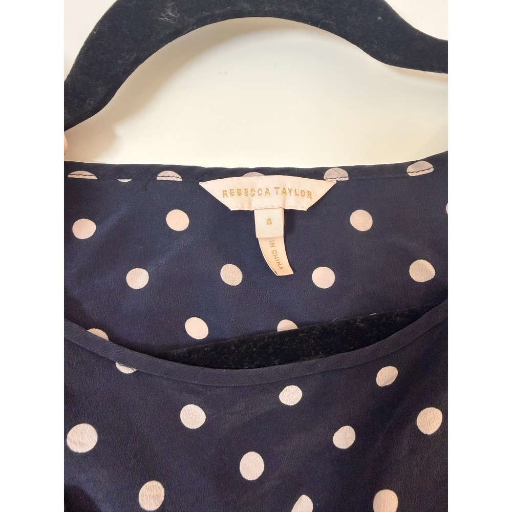 Rebecca Taylor Blouse Womens 8 Navy Blue Excellent Silk Polka Dot Ruffle Top - Picture 4 of 6